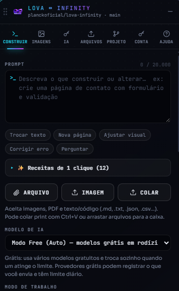 Painel da Lova Infinity na aba Construir com receitas